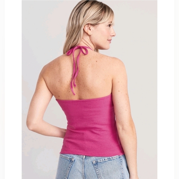 NWT Old Navy Womens Hot Pink Ribbed V-neck Halter Tie Tank Top Built In Bra M - Picture 2 of 14